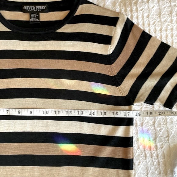 OLIVER PERRY Black White Tan Striped Silk Cotton Knit Top Women's Medium - Picture 10 of 11